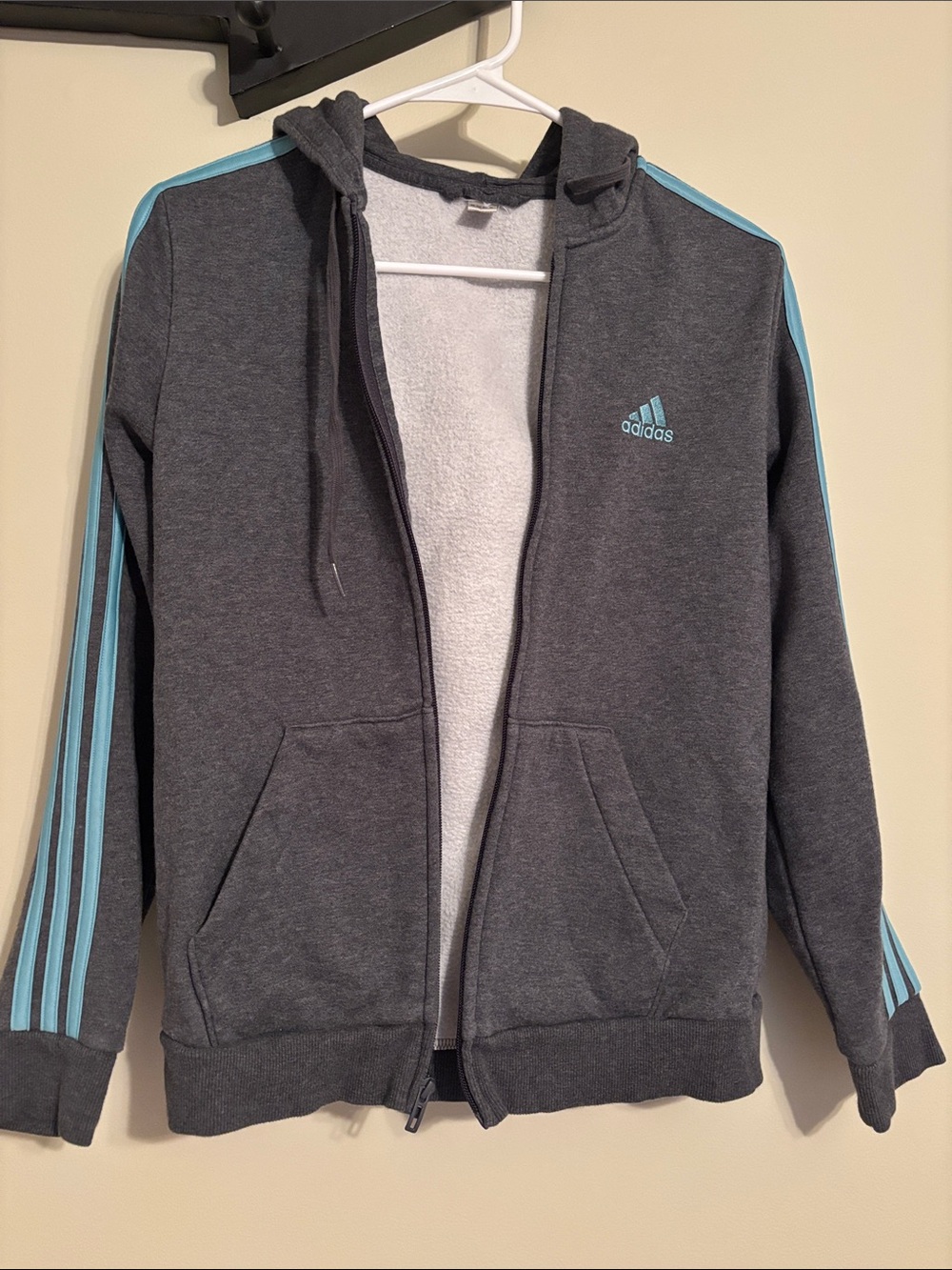 Adidas adult Charcoal Hoodie with Light Blue Stripes